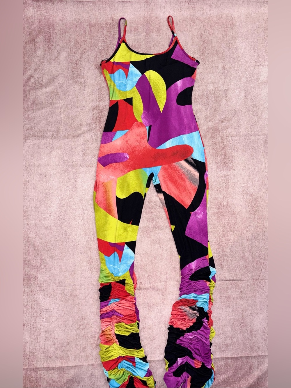 Size Large Abstract Multi-Color Ruched Leg Spaghetti-Strap Jumpsuit